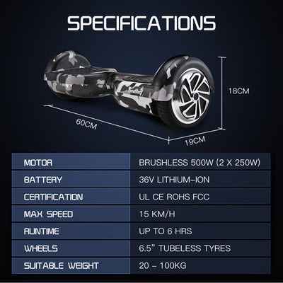 BULLET Electric Hoverboard Scooter 6.5 Inch Wheels, Colour LED Lighting, Carry Bag, Gen III Camo Grey Payday Deals