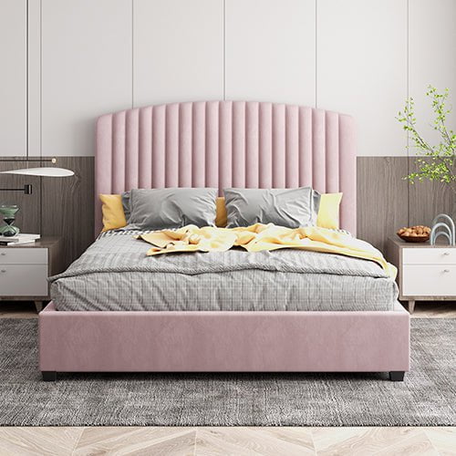 Camelia King Single Size Bed Frame Pink Velvet Upholstery High Headboard Quality Slats Metal Structure Payday Deals