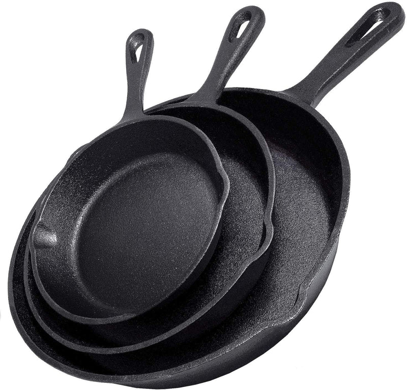 Cast Iron Skillet Cookware 3-Piece Set Chef Quality Pre-Seasoned Pan 10" 8" 6" Pans Payday Deals