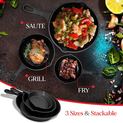 Cast Iron Skillet Cookware 3-Piece Set Chef Quality Pre-Seasoned Pan 10" 8" 6" Pans Payday Deals