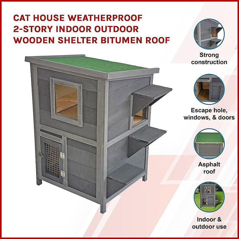 Cat House Weatherproof 2-Story Indoor Outdoor Wooden Shelter Bitumen Roof Payday Deals