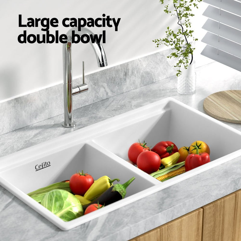 Cefito Kitchen Sink Stone Sink Granite Laundry Basin Double Bowl 79cmx46cm White Payday Deals