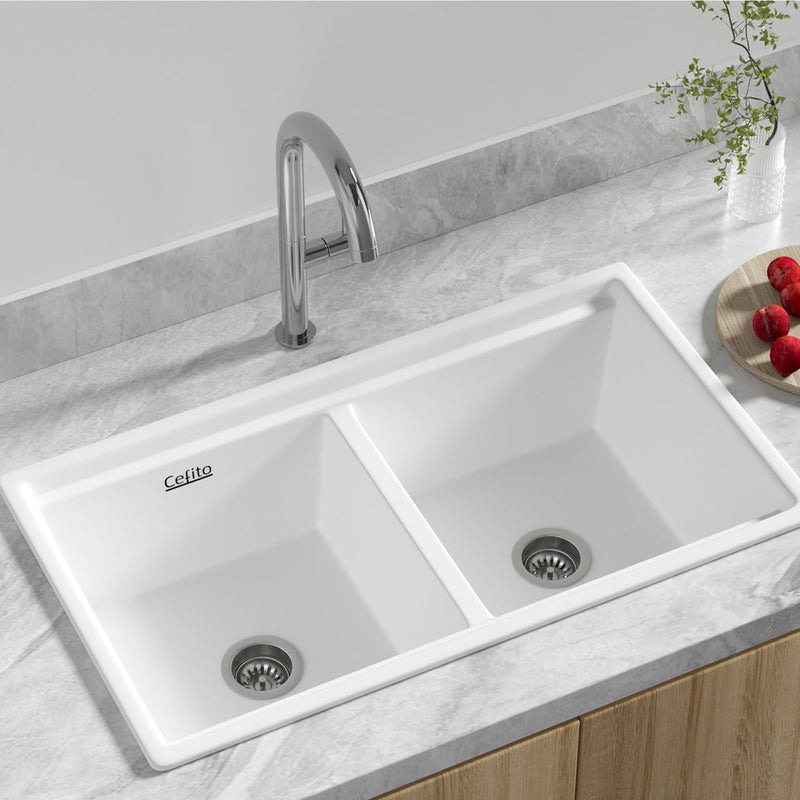 Cefito Kitchen Sink Stone Sink Granite Laundry Basin Double Bowl 79cmx46cm White Payday Deals
