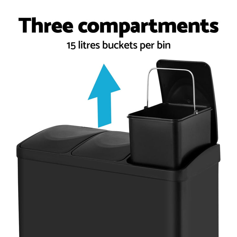 Cefito Pedal Bins Rubbish Bin Triple Compartments Waste Recycle Dustbins 45L Payday Deals