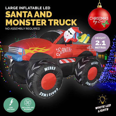 Christmas By Sas 2.1m Santa & Monster Truck Built-In Blower LED Lighting Payday Deals