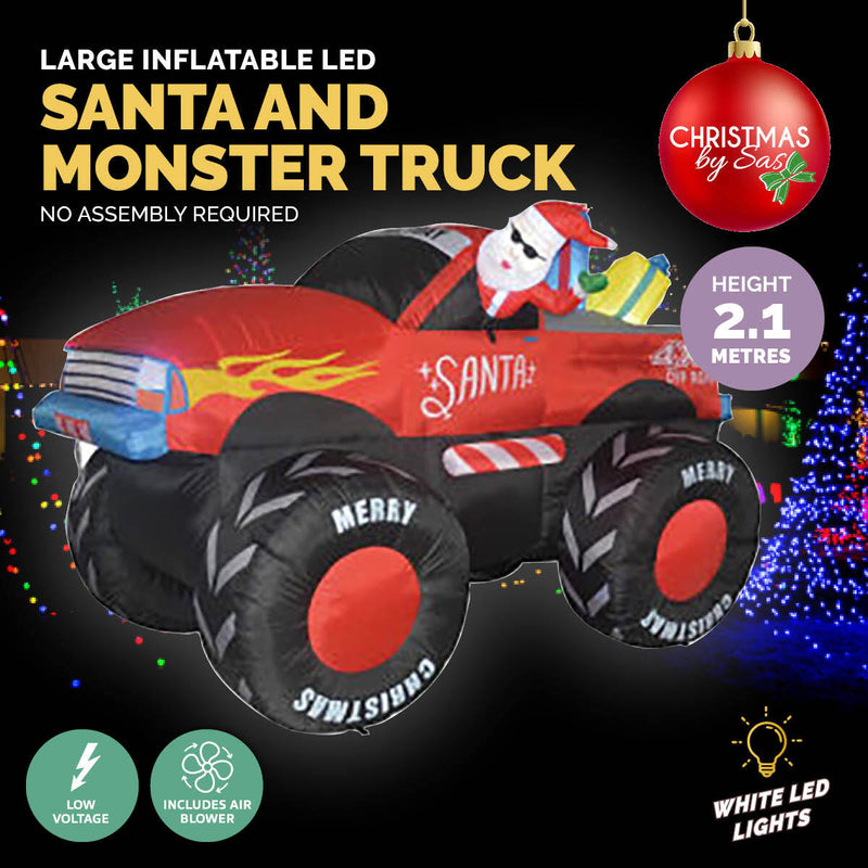 Christmas By Sas 2.1m Santa & Monster Truck Built-In Blower LED Lighting Payday Deals