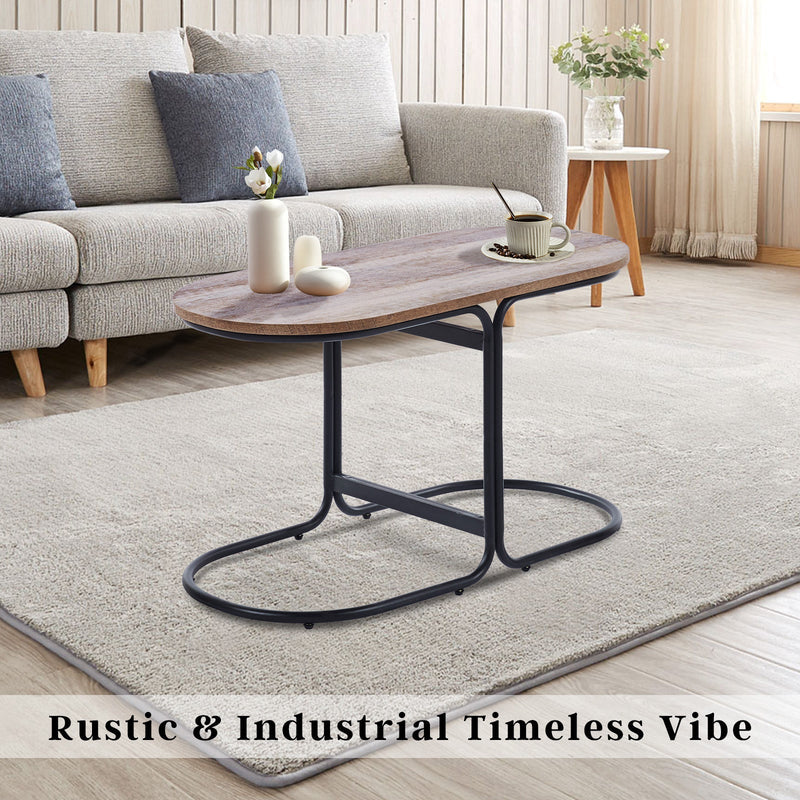 Coffee Table Oval Wooden Top Iron Metal Base Side End Table - Brown Payday Deals