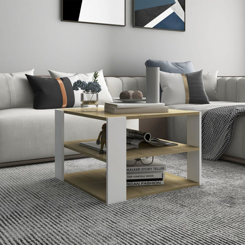 Coffee Table Sonoma Oak and White 60x60x40 cm Engineered Wood Payday Deals