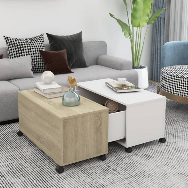 Coffee Table White and Sonoma Oak 75x75x38 cm Engineered Wood Payday Deals