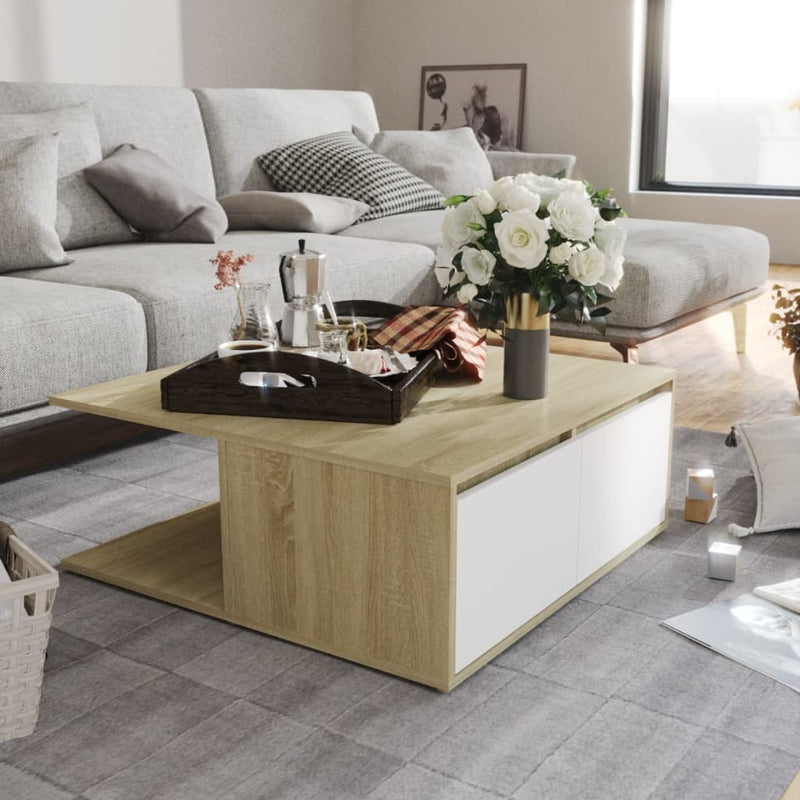 Coffee Table White and Sonoma Oak 80x80x31 cm Engineered Wood Payday Deals