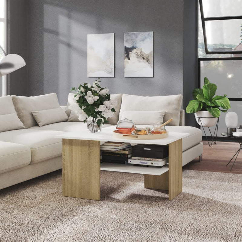 Coffee Table White and Sonoma Oak 90x60x46.5 cm Engineered Wood Payday Deals