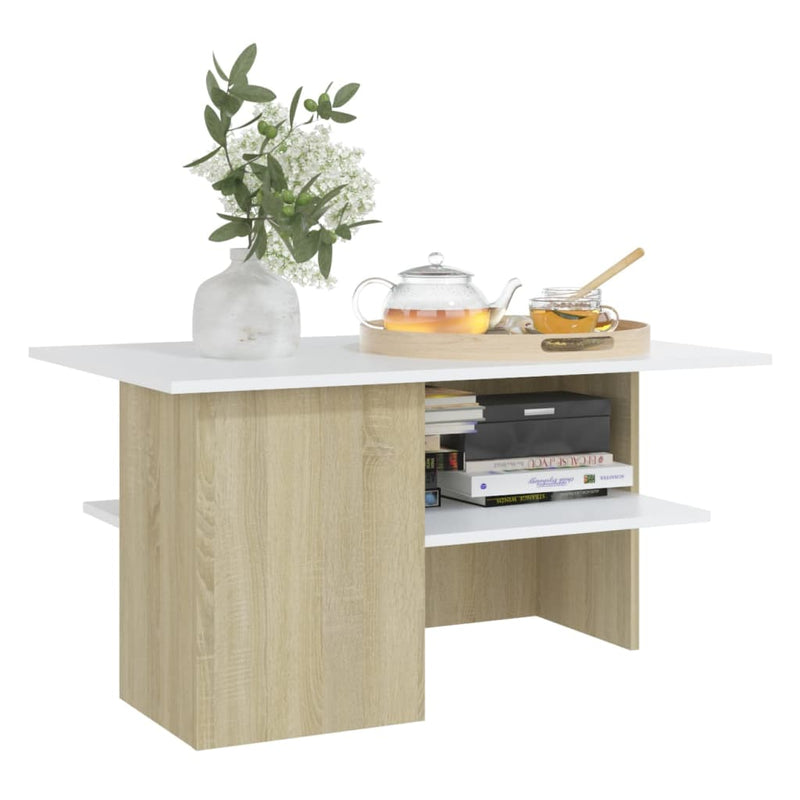 Coffee Table White and Sonoma Oak 90x60x46.5 cm Engineered Wood Payday Deals