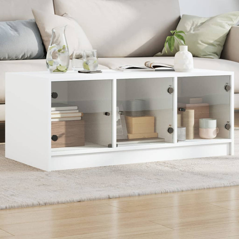 Coffee Table with Glass Doors White 102x50x42 cm Payday Deals