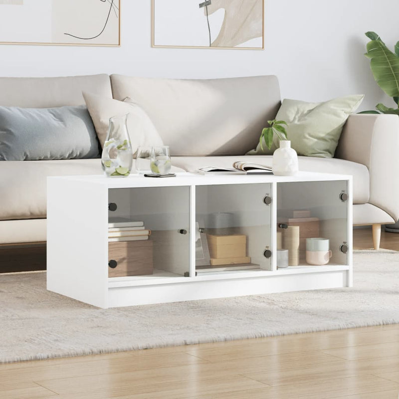 Coffee Table with Glass Doors White 102x50x42 cm Payday Deals