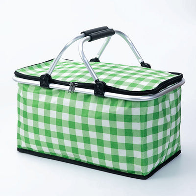Collapsible Outdoor Camping Portable Insulated Picnic Basket Camping Picnic Ice Pack(Green Grid)