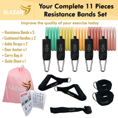 11 PC Resistance Bands Set Exercise Tube Bands with Door Anchor Handles Carry Bag Legs Ankle Straps for Strength Training Physical Therapy Home Workout