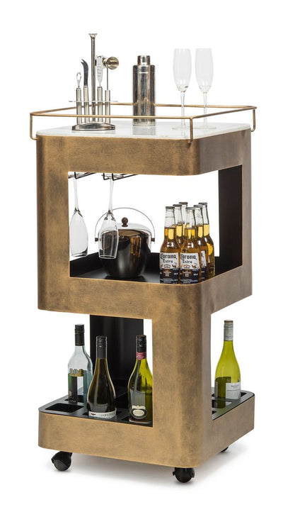 Contemporary French Brass Drinks Trolley Bar Cart with White Marble Top Payday Deals