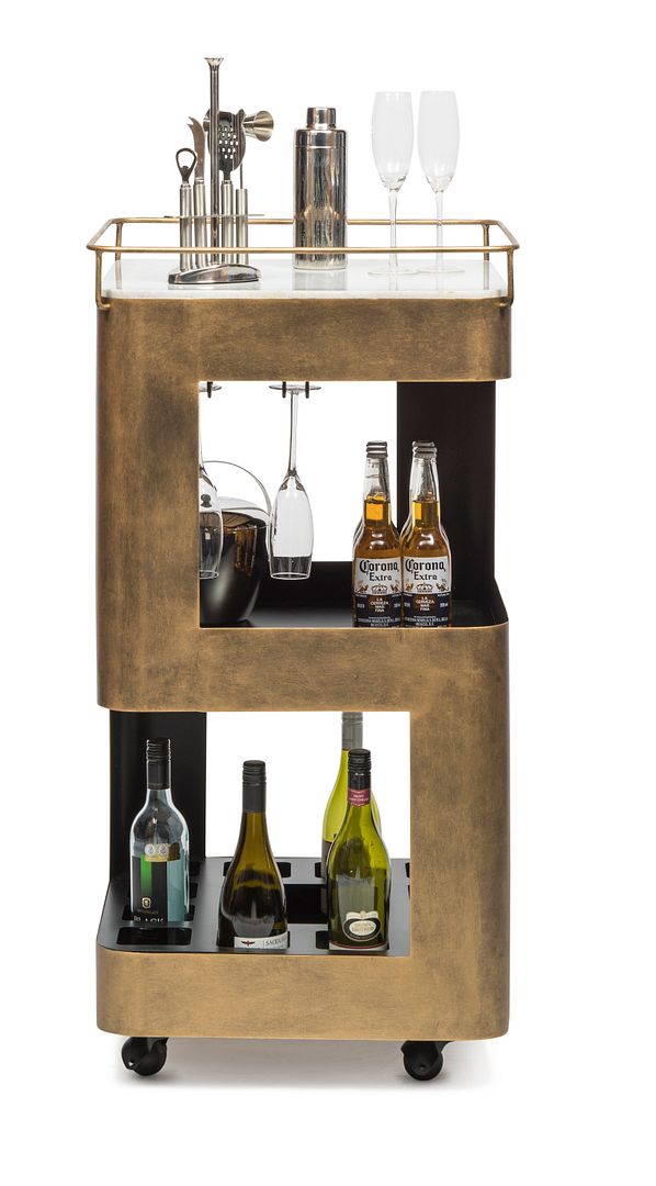 Contemporary French Brass Drinks Trolley Bar Cart with White Marble Top Payday Deals