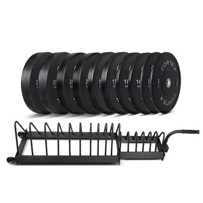 CORTEX 150kg Black Series V2 Rubber Olympic Bumper Plate Set 50mm with 16 Plate Toaster Rack Payday Deals