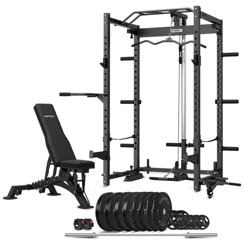 Cortex PR4 Folding Power Rack with 130kg Olympic Bumper Weight, Bar and Bench Set Payday Deals