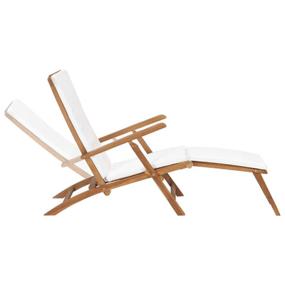 Deck Chair with Cushion Cream White Solid Teak Wood Payday Deals