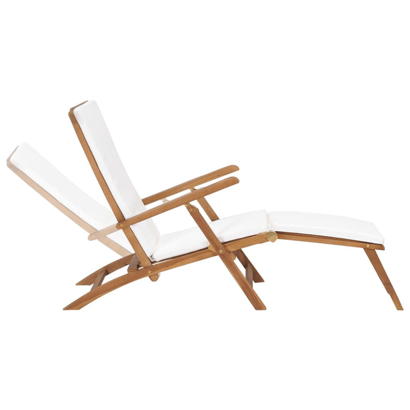 Deck Chair with Cushion Cream White Solid Teak Wood Payday Deals