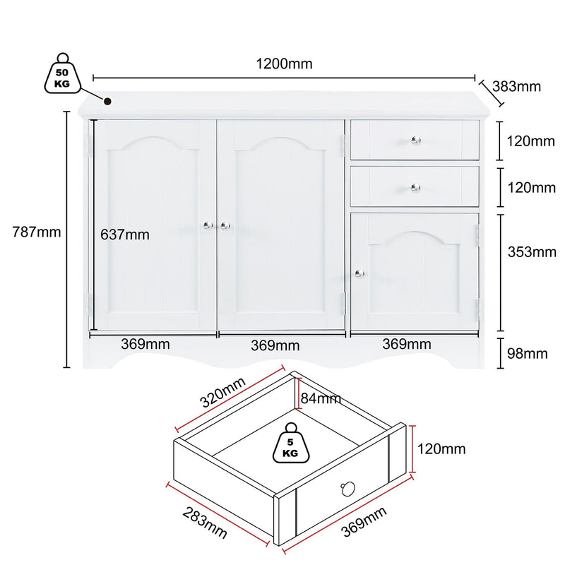 Decor Sideboard White with 3 Doors & 2 Drawers Hallway Console Buffet Cabinets Bathroom Storage Payday Deals