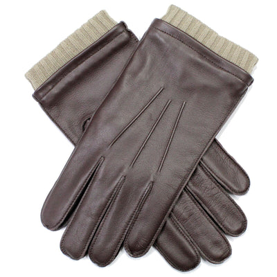 Dent's Mens Leather Gloves With 3 Point Stitch and Rib Contrast Cuff - Brown Payday Deals