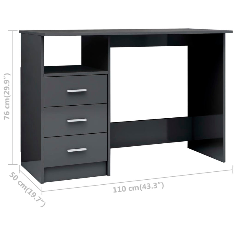 Desk with Drawers High Gloss Grey 43.3"x19.7"x29.9" Engineered Wood Payday Deals