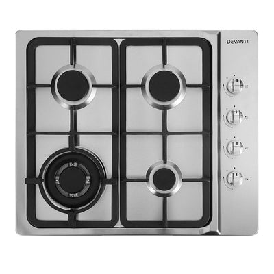 Devanti Gas Cooktop 60cm Kitchen Stove 4 Burner Cook Top NG LPG Stainless Steel Silver Payday Deals