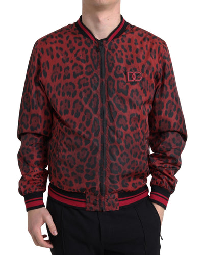 Dolce & Gabbana Men's Red Leopard Bomber Short Coat Jacket - 44 IT