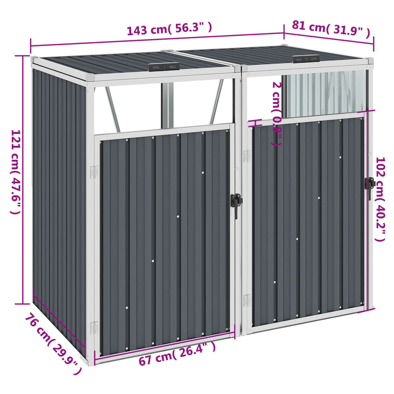 Double Garbage Bin Shed Grey 143x81x121 cm Steel Payday Deals