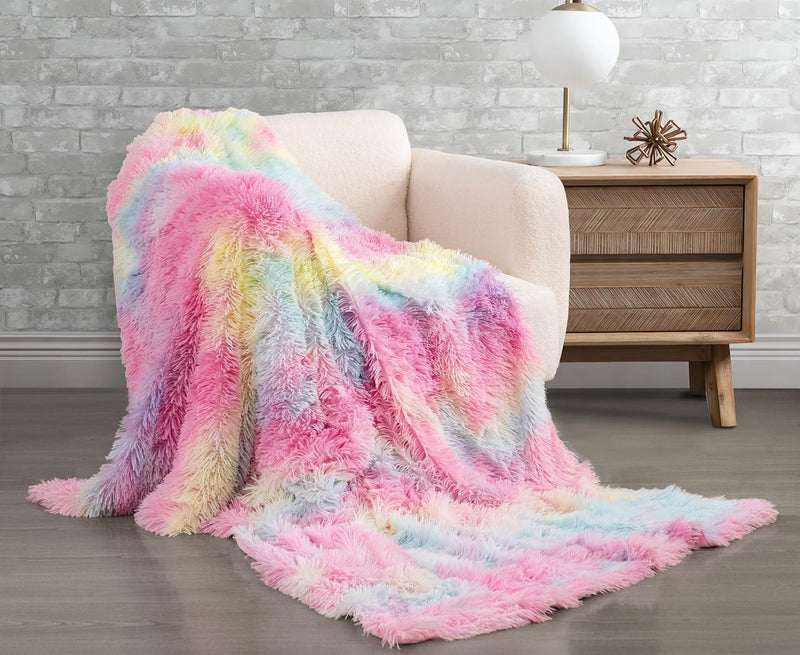 Double Sided Faux Fur Shaggy Throw Blanket - Rainbow Payday Deals