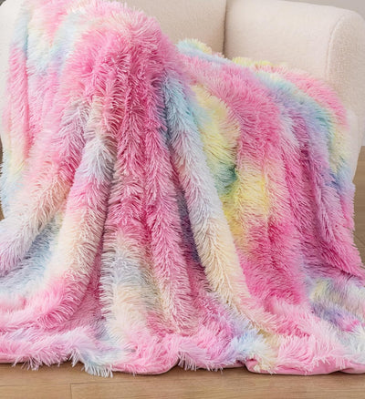 Double Sided Faux Fur Shaggy Throw Blanket - Rainbow Payday Deals