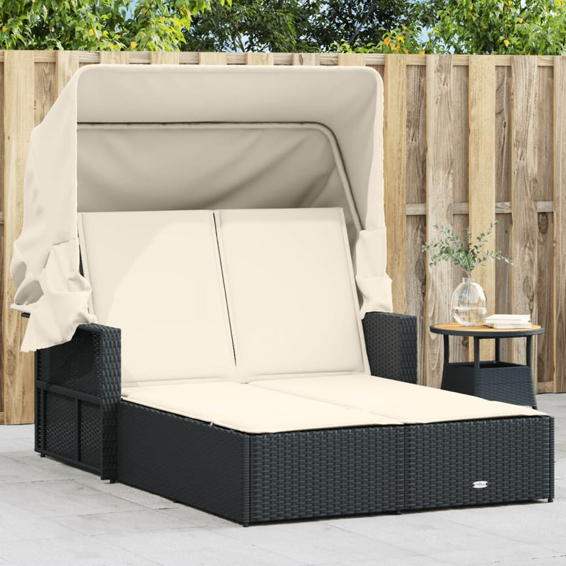 Double Sun Lounger with Canopy and Cushions Black Poly Rattan Payday Deals