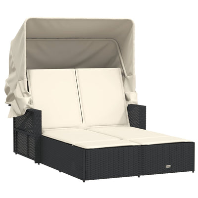 Double Sun Lounger with Canopy and Cushions Black Poly Rattan Payday Deals