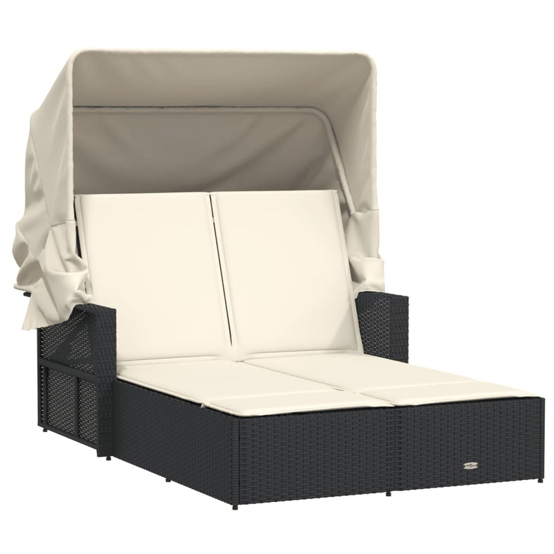 Double Sun Lounger with Canopy and Cushions Black Poly Rattan Payday Deals