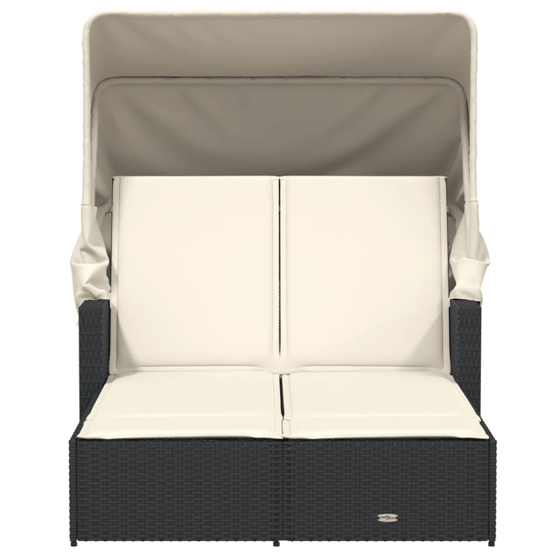 Double Sun Lounger with Canopy and Cushions Black Poly Rattan Payday Deals