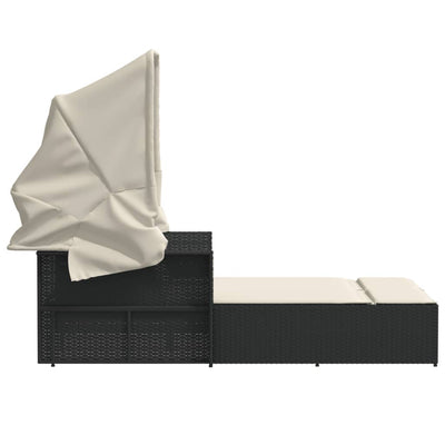 Double Sun Lounger with Canopy and Cushions Black Poly Rattan Payday Deals