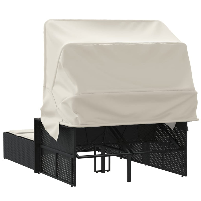 Double Sun Lounger with Canopy and Cushions Black Poly Rattan Payday Deals