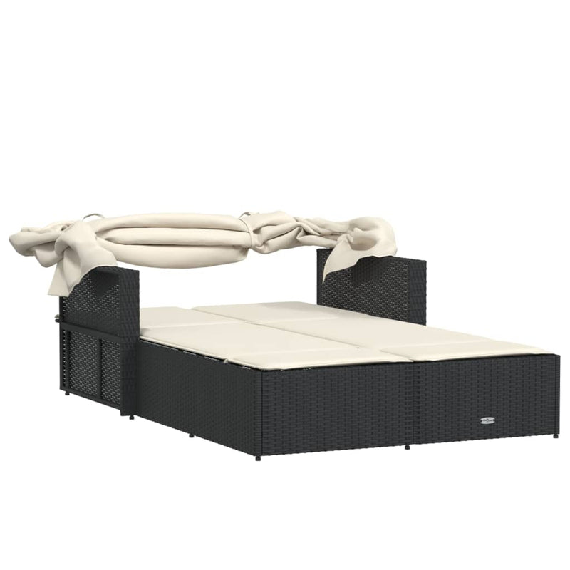 Double Sun Lounger with Canopy and Cushions Black Poly Rattan Payday Deals