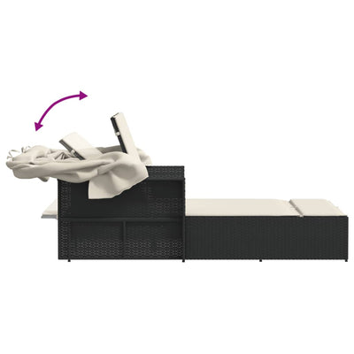 Double Sun Lounger with Canopy and Cushions Black Poly Rattan Payday Deals