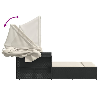 Double Sun Lounger with Canopy and Cushions Black Poly Rattan Payday Deals