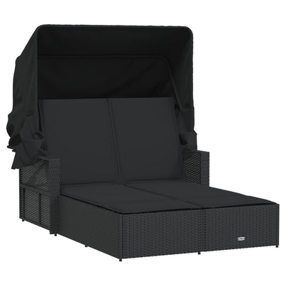 Double Sun Lounger with Canopy and Cushions Black Poly Rattan Payday Deals