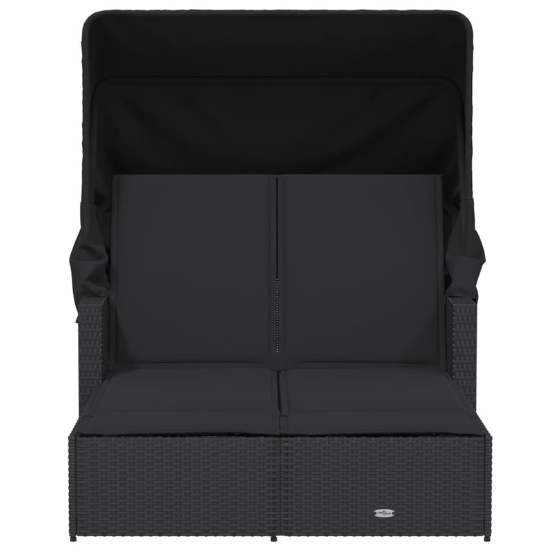 Double Sun Lounger with Canopy and Cushions Black Poly Rattan Payday Deals