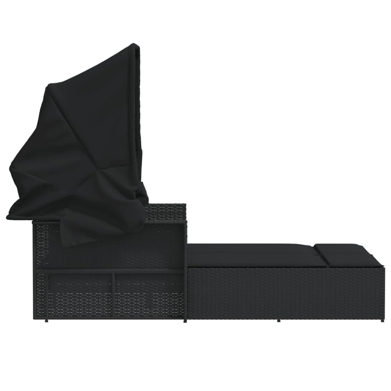 Double Sun Lounger with Canopy and Cushions Black Poly Rattan Payday Deals