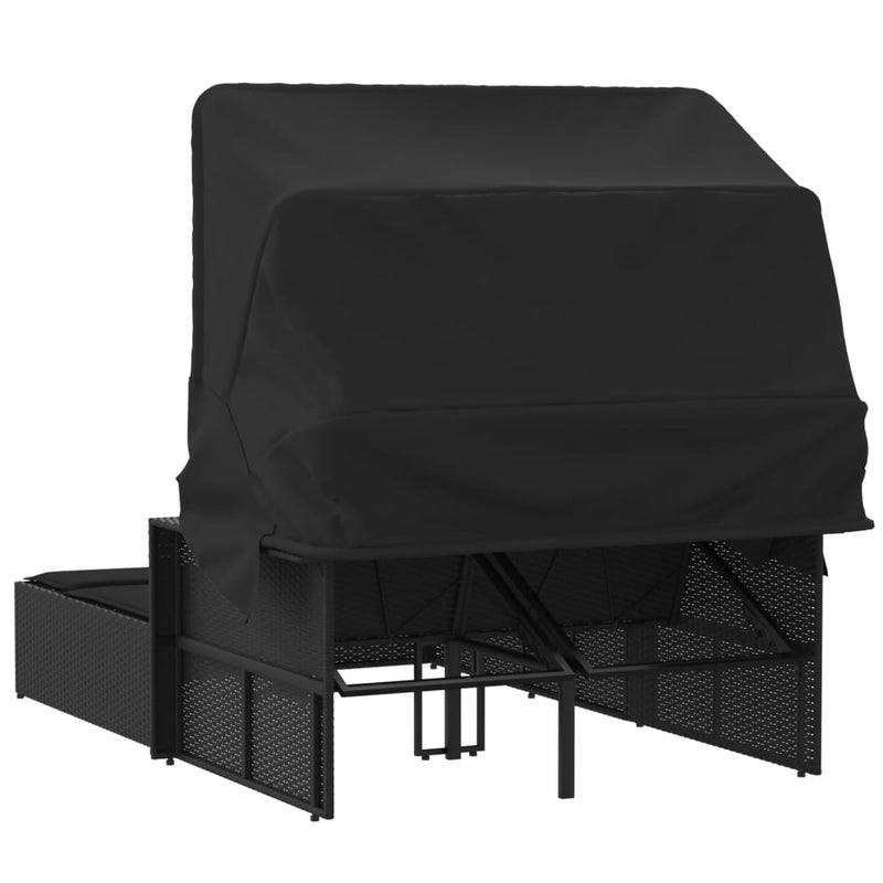 Double Sun Lounger with Canopy and Cushions Black Poly Rattan Payday Deals