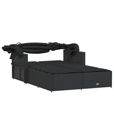 Double Sun Lounger with Canopy and Cushions Black Poly Rattan Payday Deals