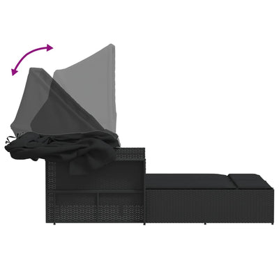 Double Sun Lounger with Canopy and Cushions Black Poly Rattan Payday Deals
