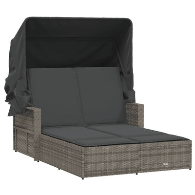 Double Sun Lounger with Canopy and Cushions Grey Poly Rattan Payday Deals
